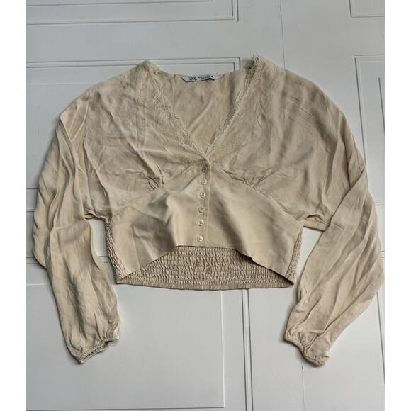 Zara Tan Long Sleeve Cropped Top Size XS Lace Button Up Smocked Shirt - Picture 1 of 6
